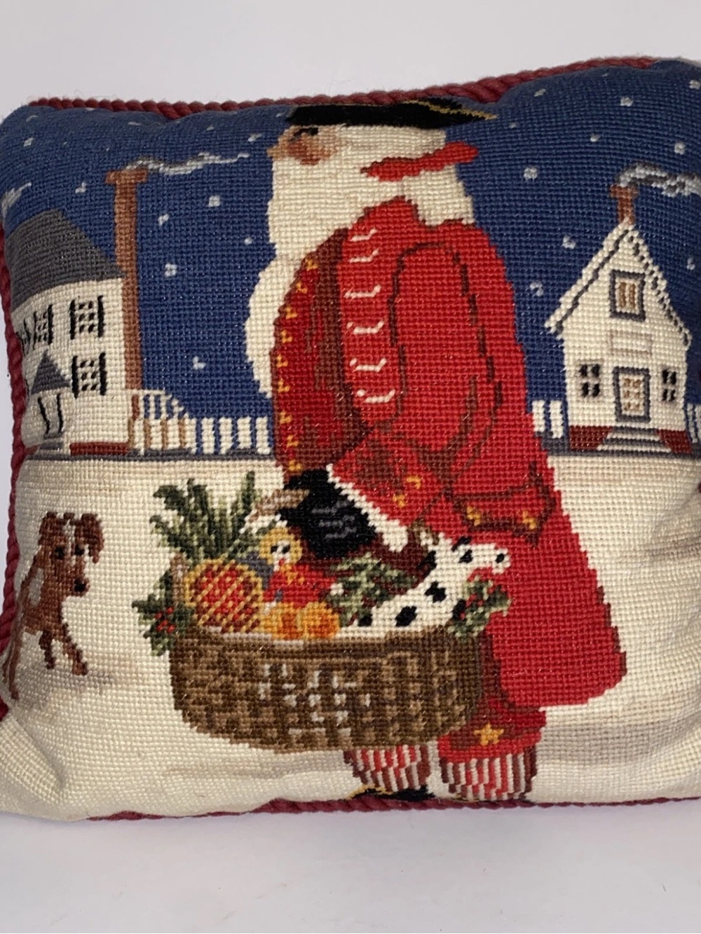 Vintage 123 Creations Needlepoint Pillow Colonial Santa Accent Pillow 15" X 15'